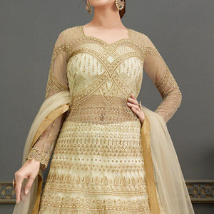 Cream Embroidered With Handwork Soft Net Partywear Gown