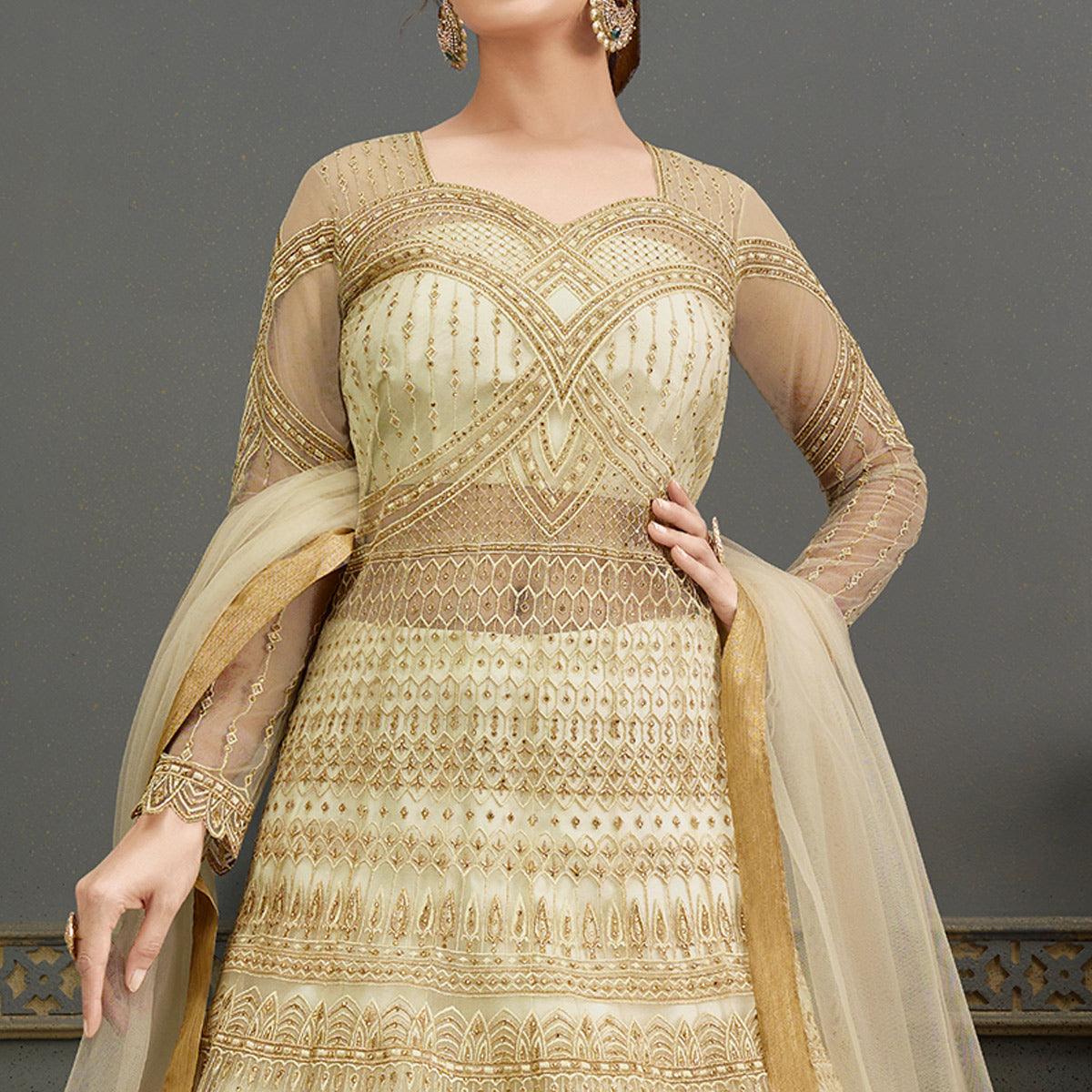 Cream Embroidered With Handwork Soft Net Partywear Gown