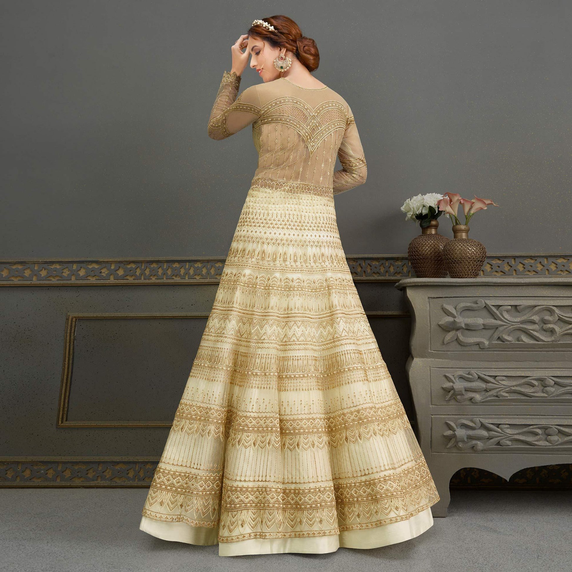 Cream Embroidered With Handwork Soft Net Partywear Gown