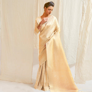 Cream Festive Wear Designer Woven Silk Saree