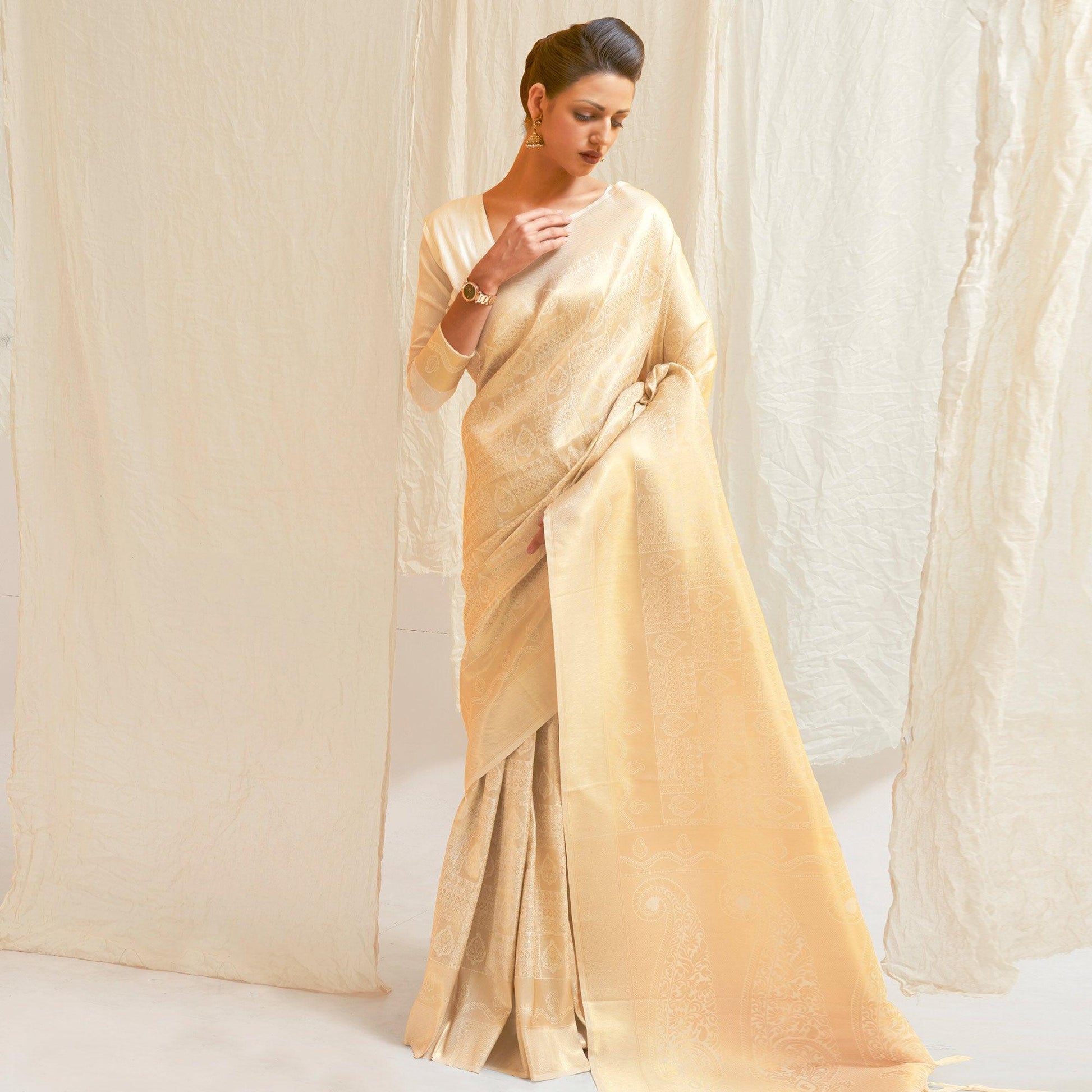 Cream Festive Wear Designer Woven Silk Saree