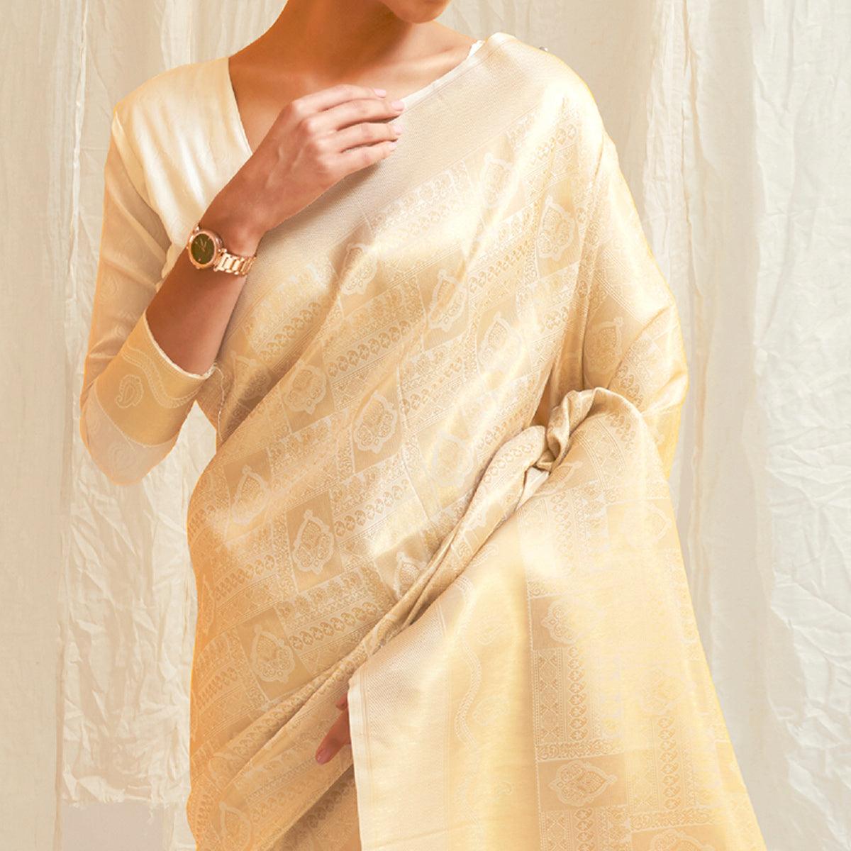 Cream Festive Wear Designer Woven Silk Saree