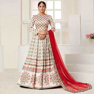 Cream Festive Wear Digital Printed Ajmeri Silk Lehenga Choli