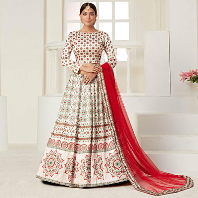 Cream Festive Wear Digital Printed Ajmeri Silk Lehenga Choli