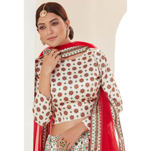 Cream Festive Wear Digital Printed Ajmeri Silk Lehenga Choli