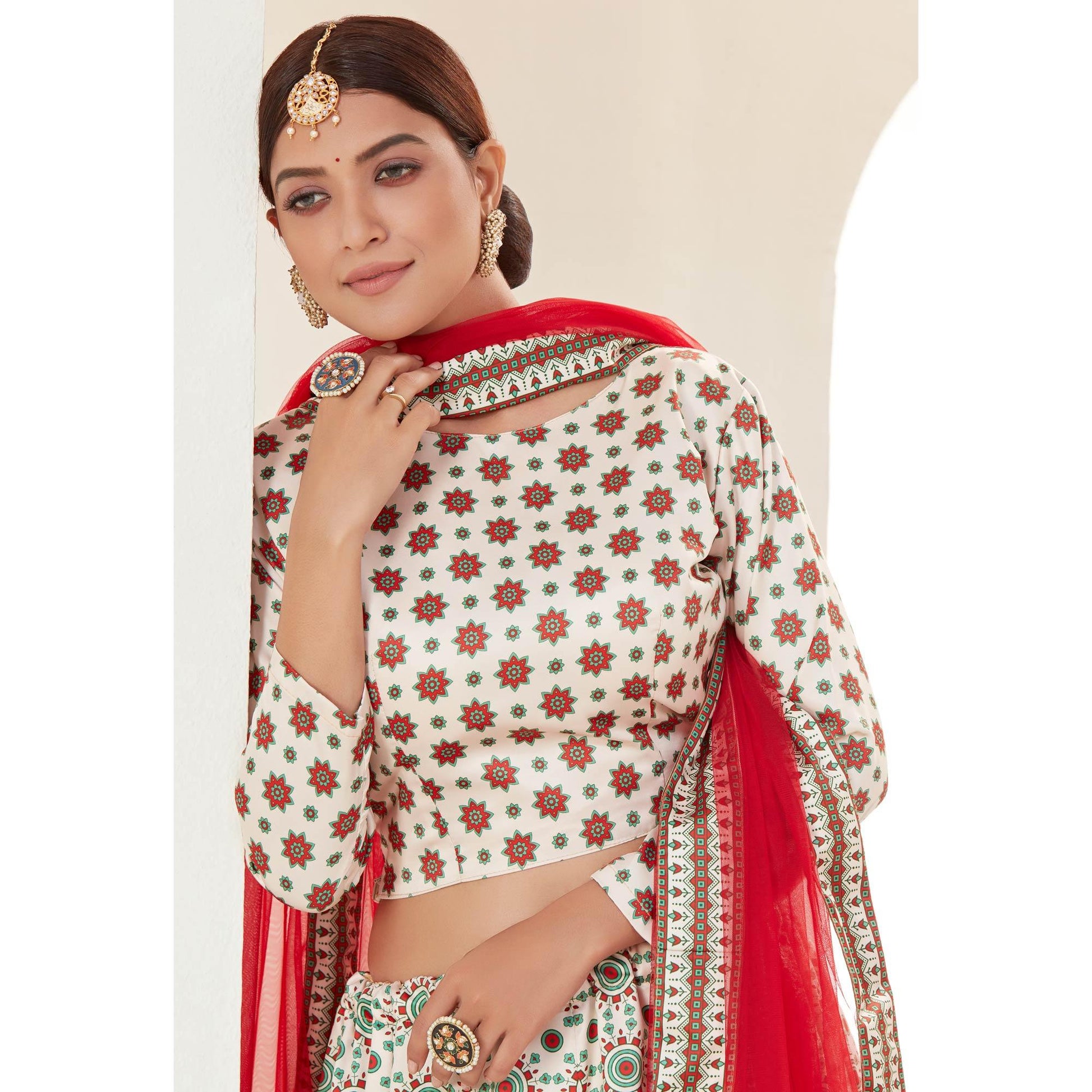 Cream Festive Wear Digital Printed Ajmeri Silk Lehenga Choli