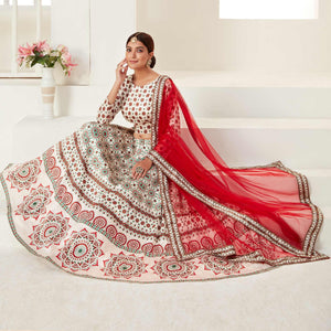 Cream Festive Wear Digital Printed Ajmeri Silk Lehenga Choli