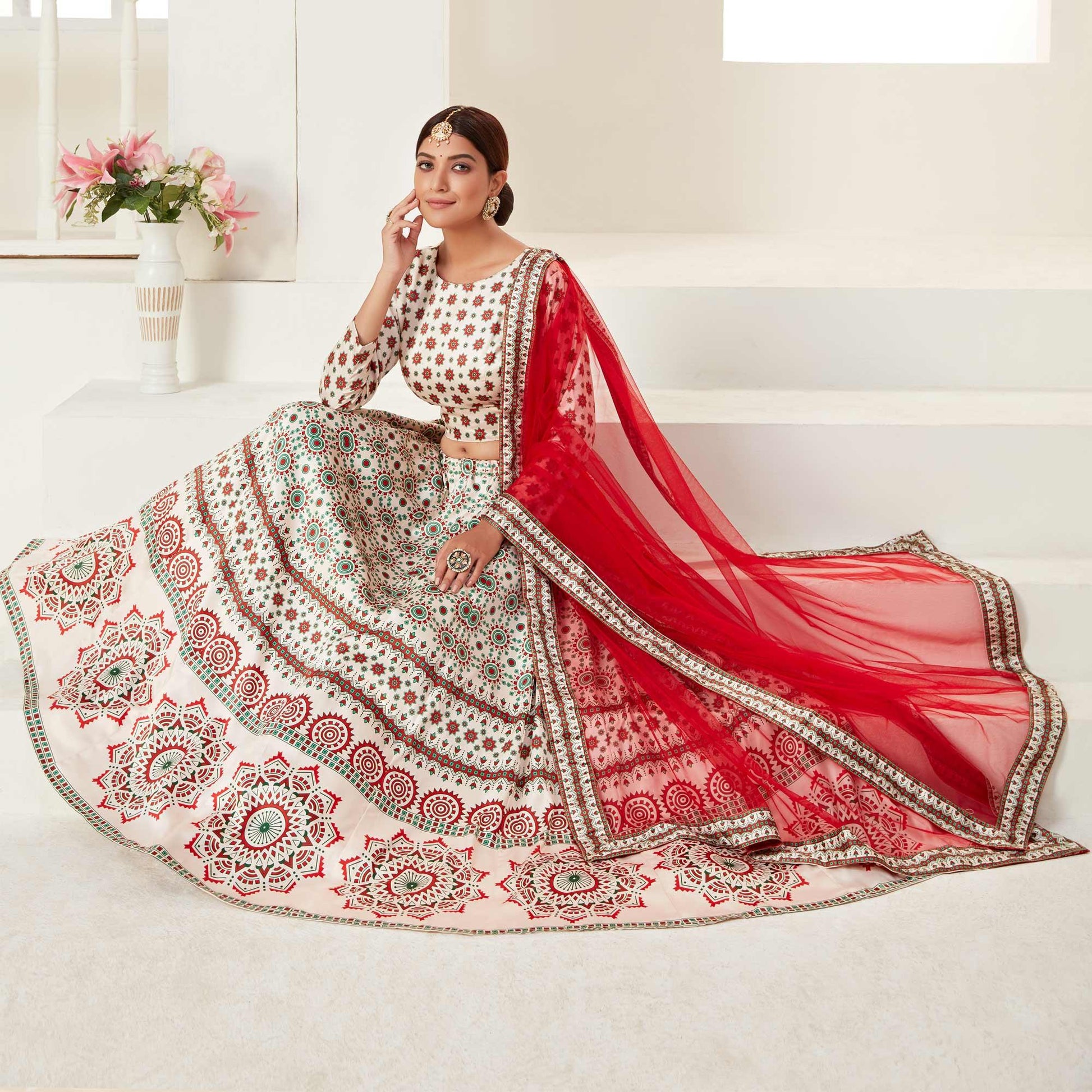 Cream Festive Wear Digital Printed Ajmeri Silk Lehenga Choli