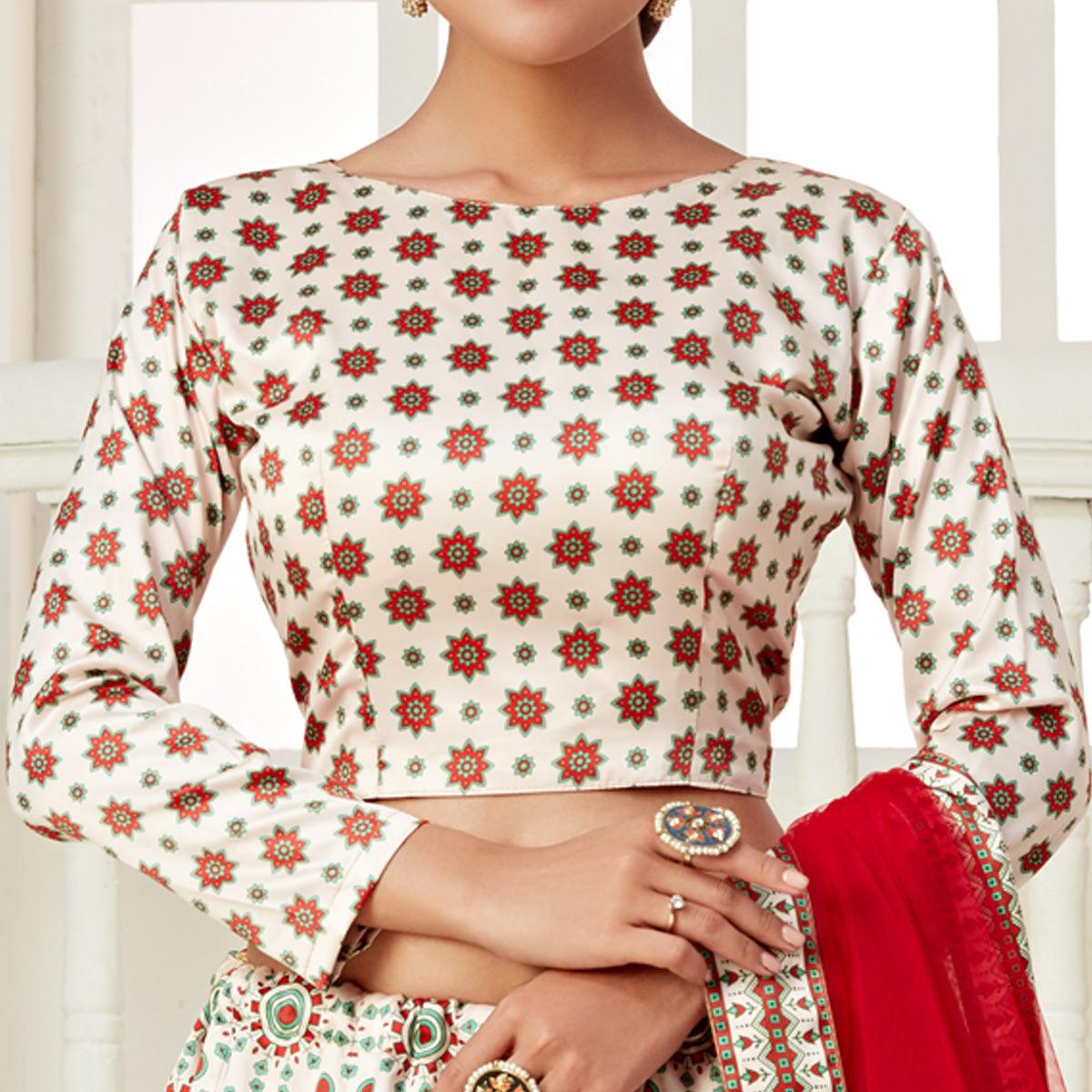 Cream Festive Wear Digital Printed Ajmeri Silk Lehenga Choli
