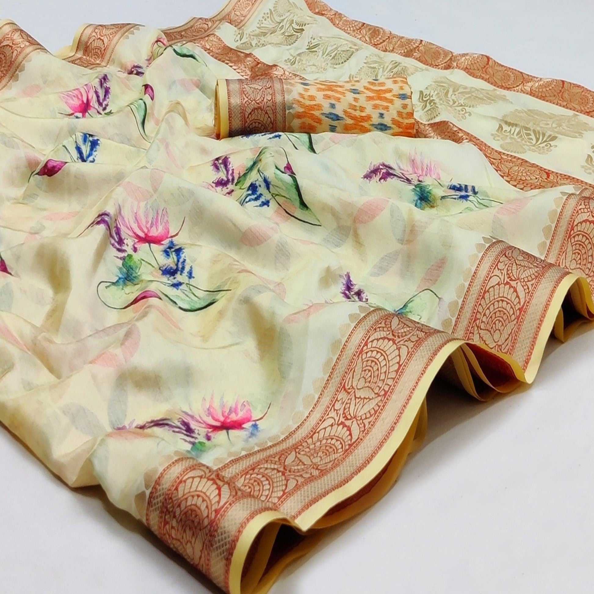 Cream Festive Wear Digital Printed Soft Silk Saree With Jacquard Border