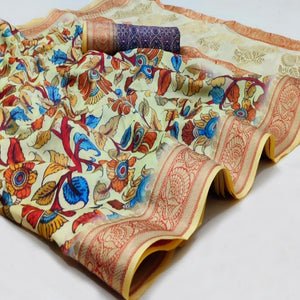 Cream Festive Wear Digital Printed Soft Silk Saree With Jacquard Border