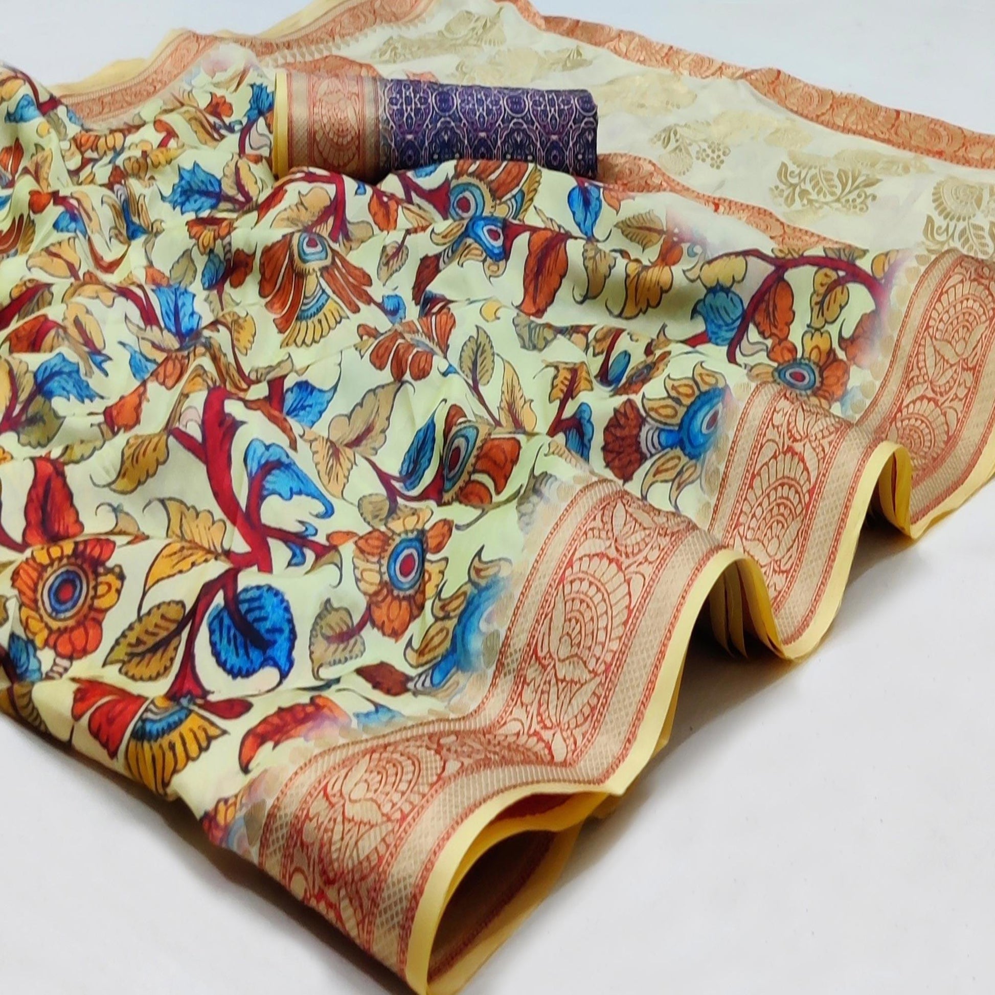 Cream Festive Wear Digital Printed Soft Silk Saree With Jacquard Border