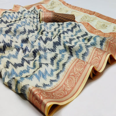 Cream Festive Wear Digital Printed Soft Silk Saree With Jacquard Border