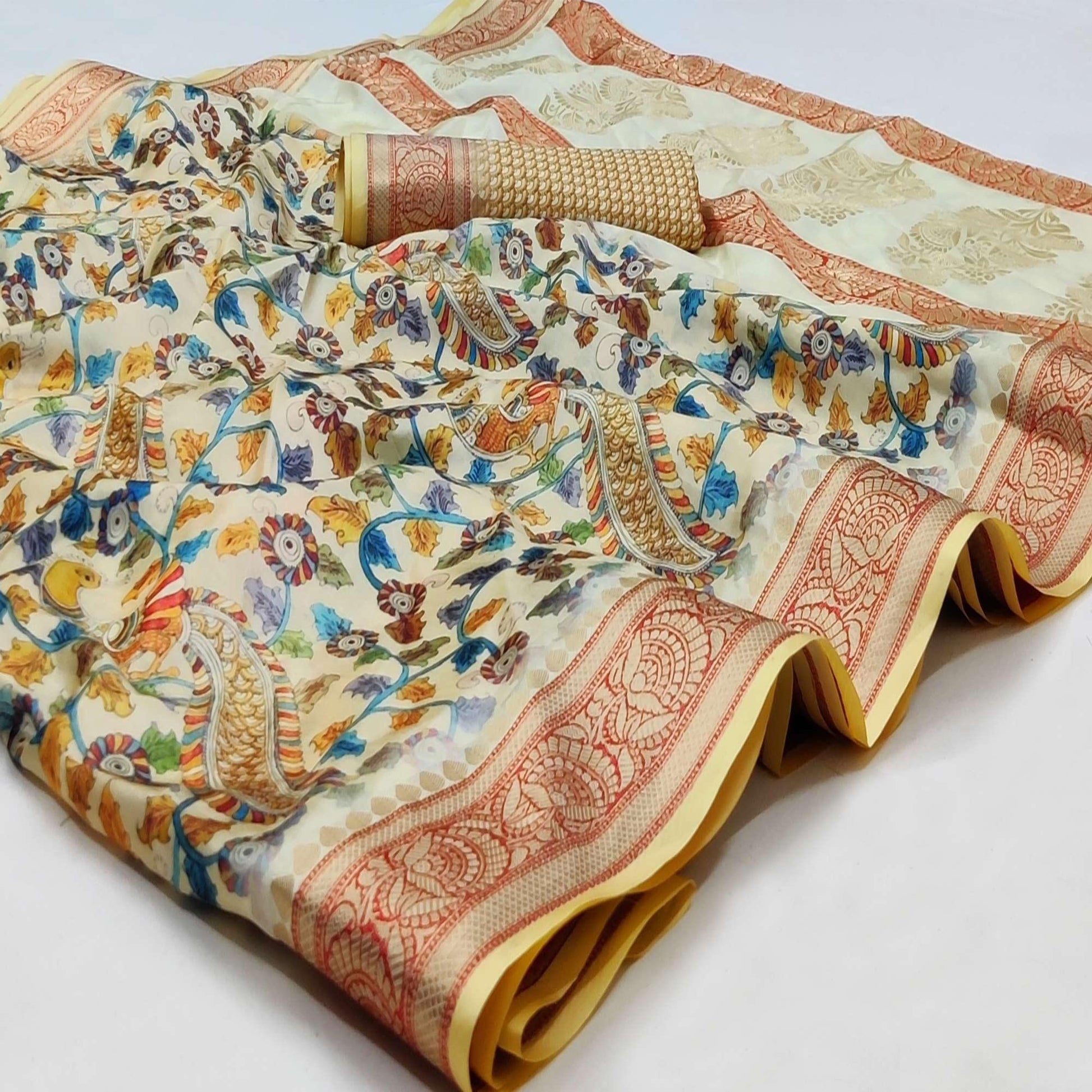 Cream Festive Wear Digital Printed Soft Silk Saree With Jacquard Border