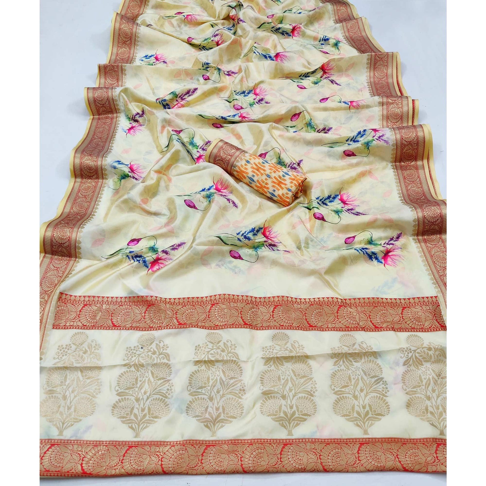 Cream Festive Wear Digital Printed Soft Silk Saree With Jacquard Border