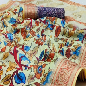 Cream Festive Wear Digital Printed Soft Silk Saree With Jacquard Border