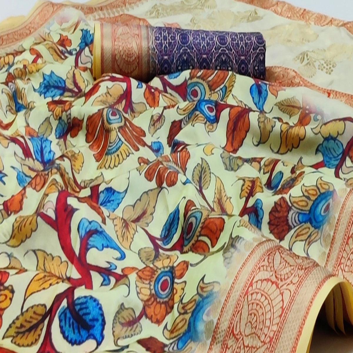 Cream Festive Wear Digital Printed Soft Silk Saree With Jacquard Border