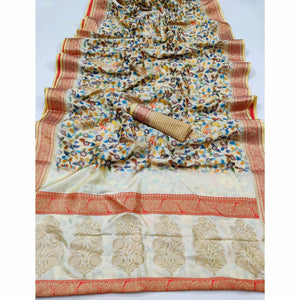 Cream Festive Wear Digital Printed Soft Silk Saree With Jacquard Border