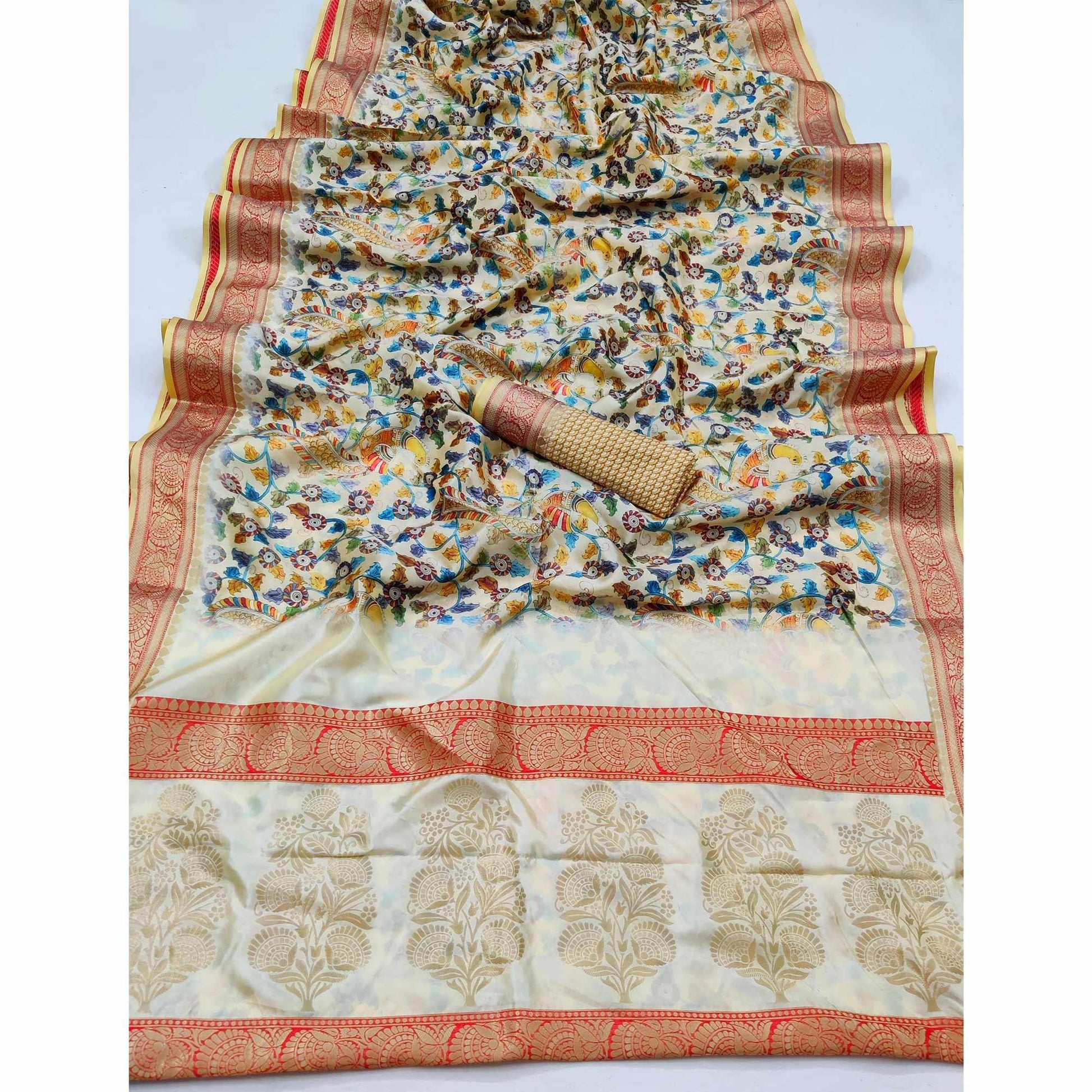 Cream Festive Wear Digital Printed Soft Silk Saree With Jacquard Border