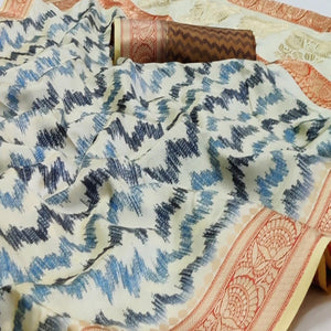 Cream Festive Wear Digital Printed Soft Silk Saree With Jacquard Border