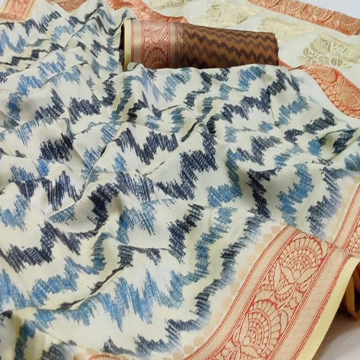 Cream Festive Wear Digital Printed Soft Silk Saree With Jacquard Border