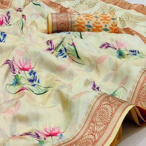 Cream Festive Wear Digital Printed Soft Silk Saree With Jacquard Border