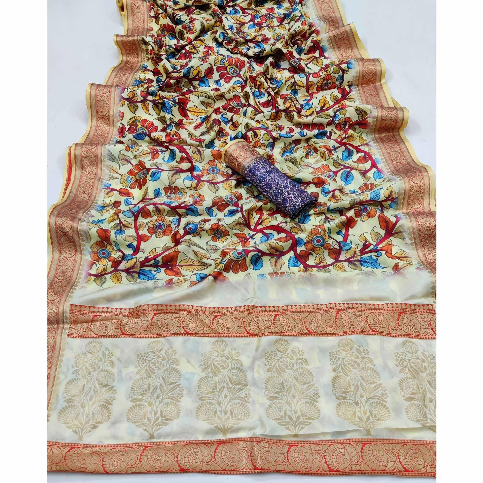 Cream Festive Wear Digital Printed Soft Silk Saree With Jacquard Border