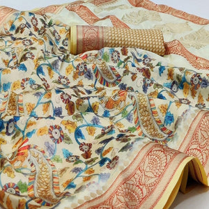 Cream Festive Wear Digital Printed Soft Silk Saree With Jacquard Border