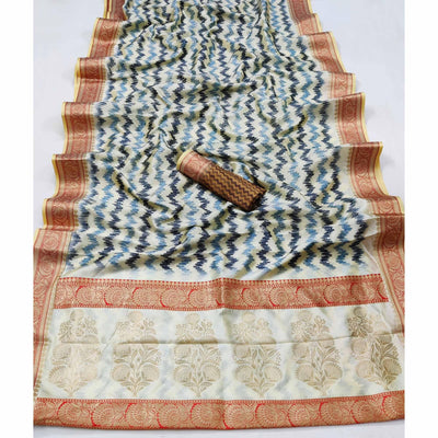 Cream Festive Wear Digital Printed Soft Silk Saree With Jacquard Border