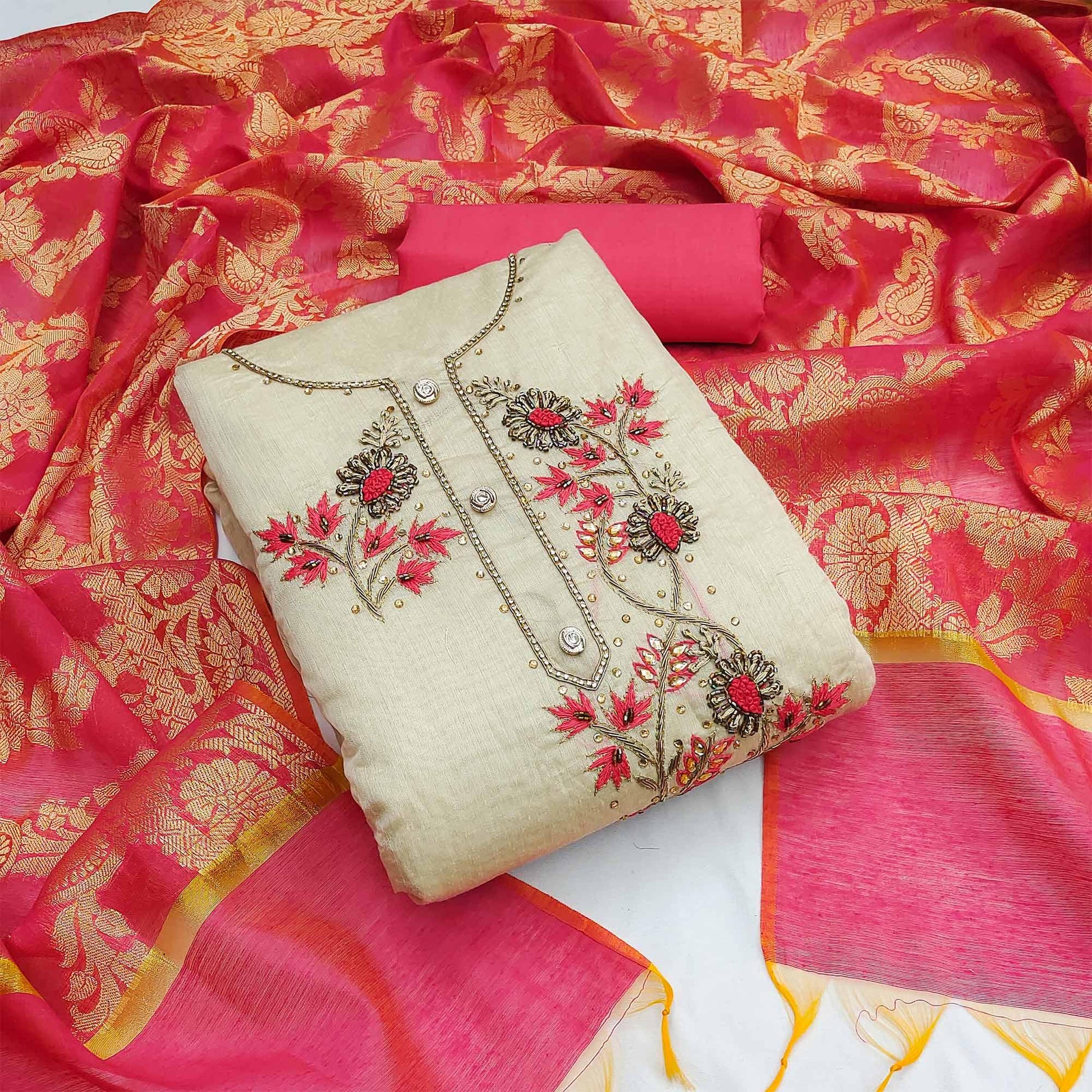 Cream Festive Wear Embellished Chanderi Dress Material