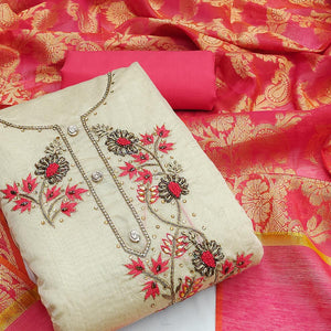 Cream Festive Wear Embellished Chanderi Dress Material