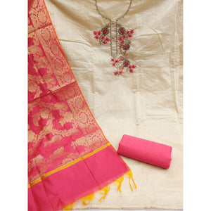 Cream Festive Wear Embellished Chanderi Dress Material