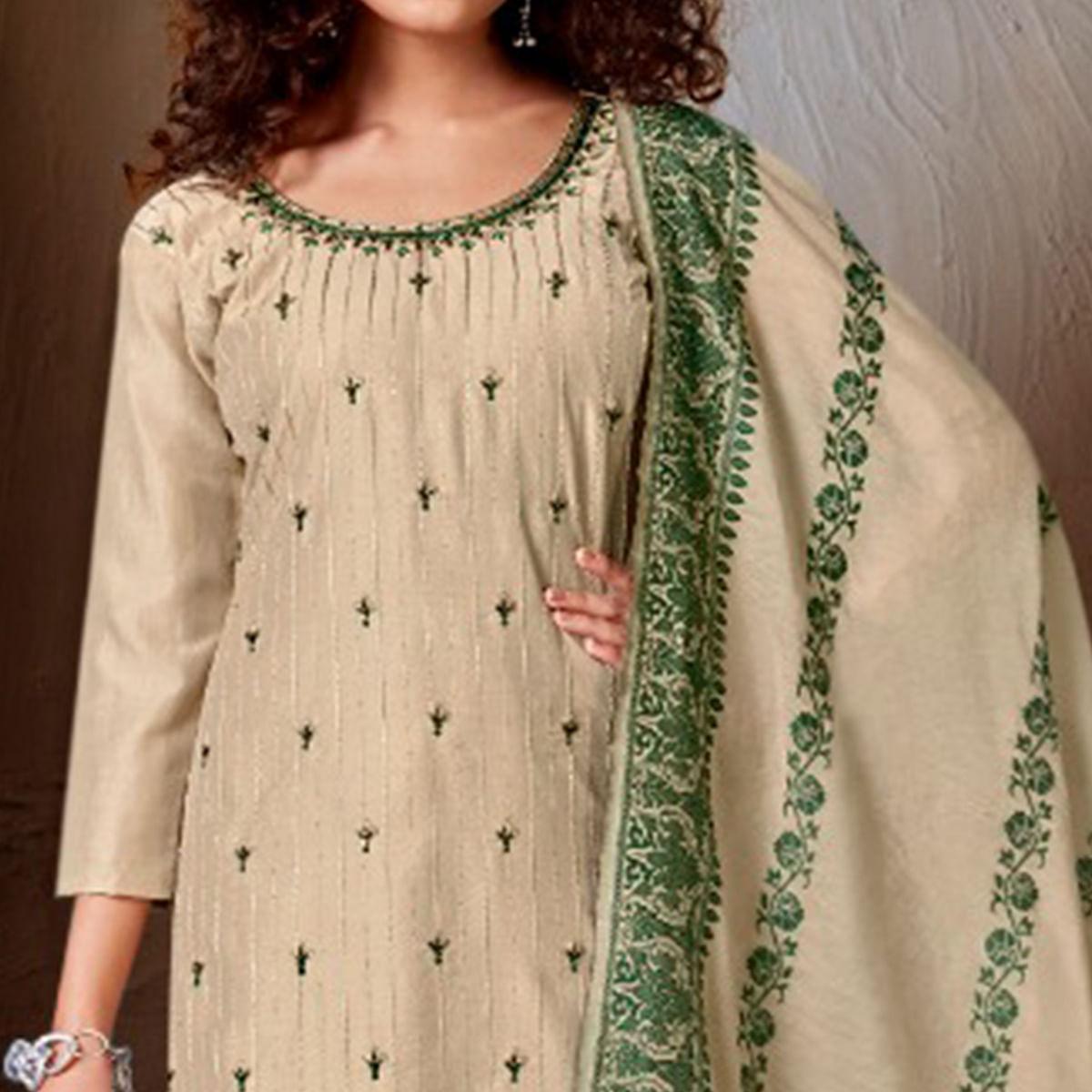 Cream Festive Wear Embroidered Chanderi Suit