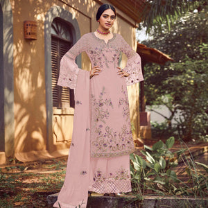 Cream Festive Wear Embroidered Faux Georgette Straight Style Palazzo Suit