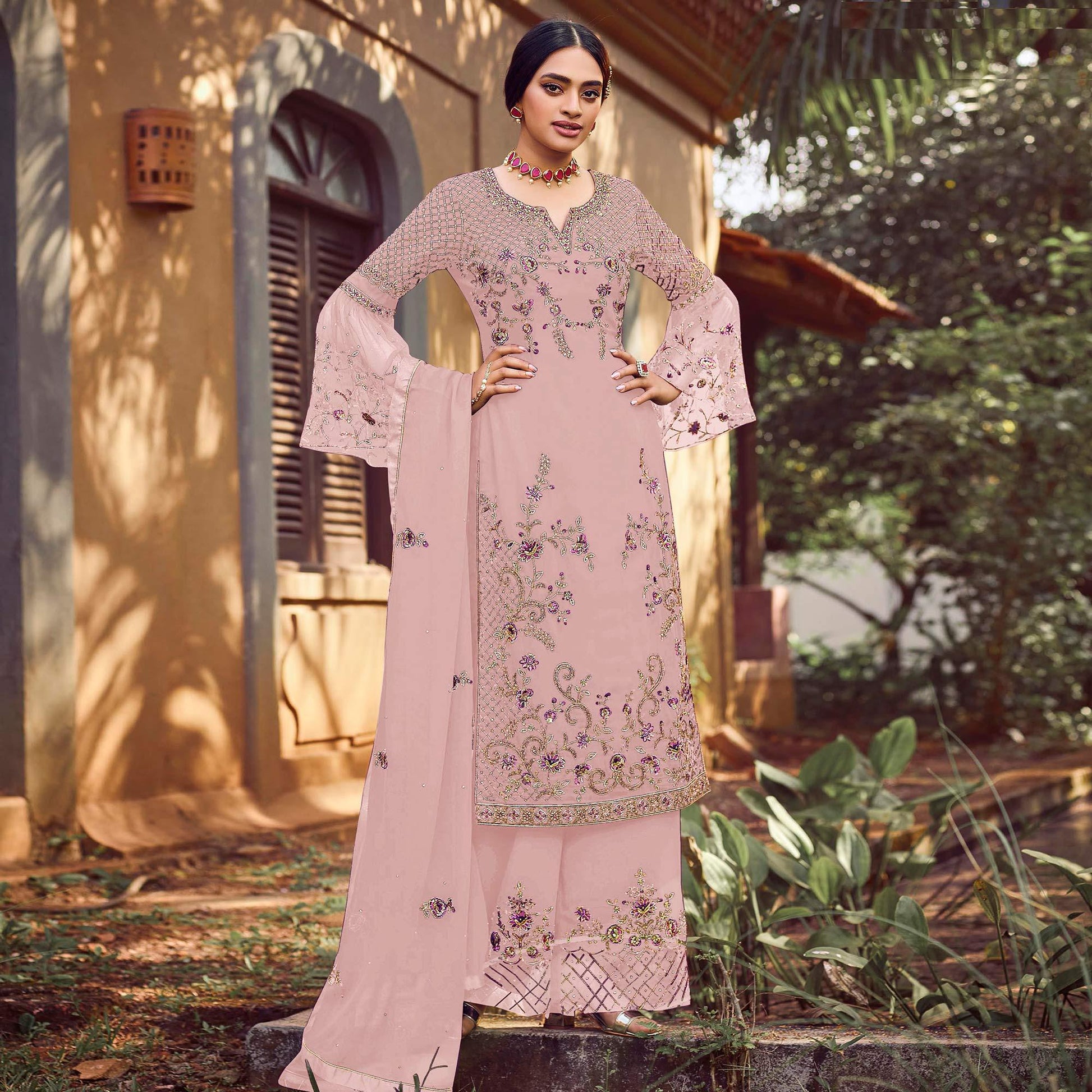 Cream Festive Wear Embroidered Faux Georgette Straight Style Palazzo Suit