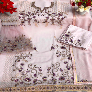 Cream Festive Wear Embroidered Faux Georgette Straight Style Palazzo Suit