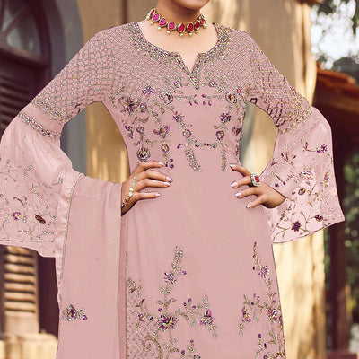 Cream Festive Wear Embroidered Faux Georgette Straight Style Palazzo Suit