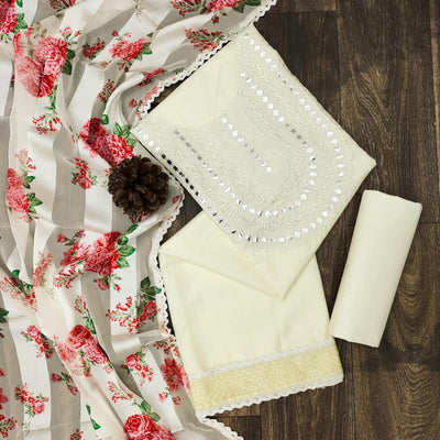 Cream Festive Wear Emebllished With Embroidered Cotton Dress Material