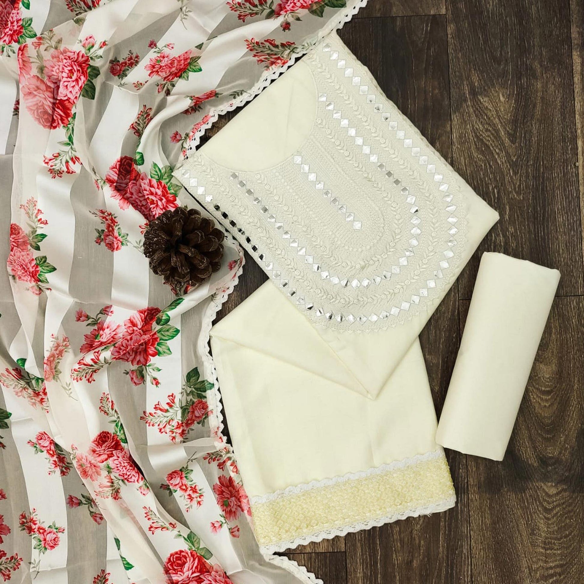 Cream Festive Wear Emebllished With Embroidered Cotton Dress Material