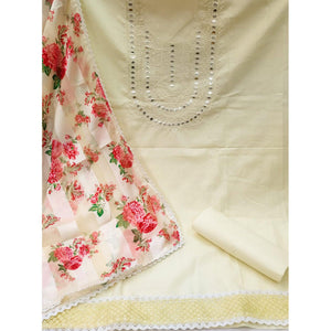 Cream Festive Wear Emebllished With Embroidered Cotton Dress Material