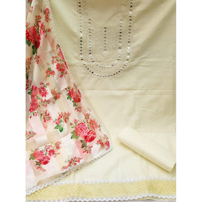 Cream Festive Wear Emebllished With Embroidered Cotton Dress Material