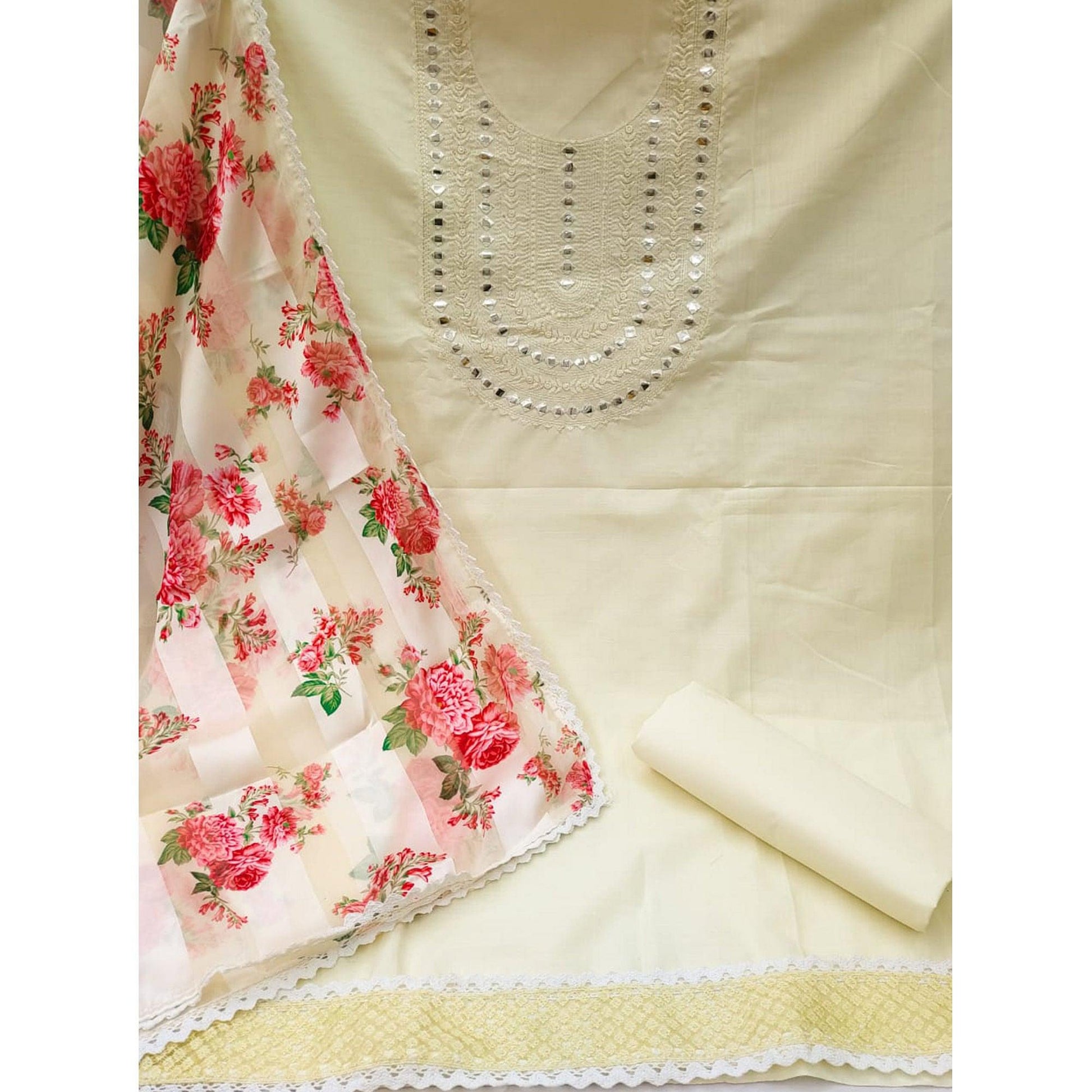 Cream Festive Wear Emebllished With Embroidered Cotton Dress Material