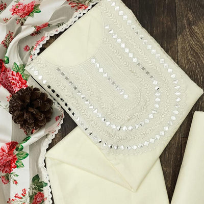 Cream Festive Wear Emebllished With Embroidered Cotton Dress Material