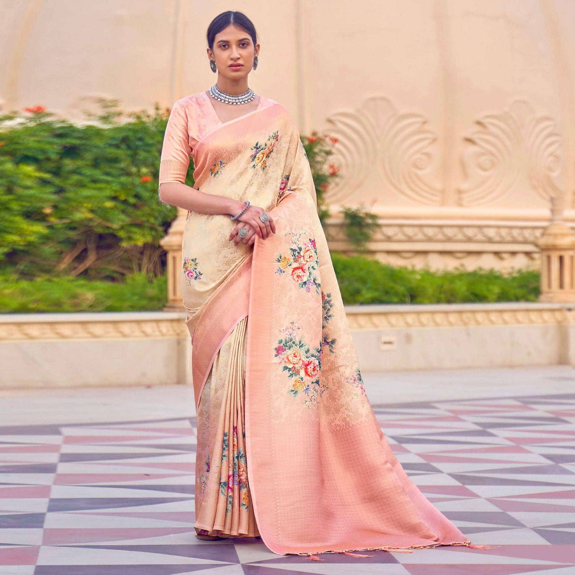 Cream Festive Wear Floral Digital Printed Jacquard Saree
