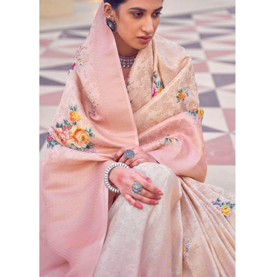 Cream Festive Wear Floral Digital Printed Jacquard Saree