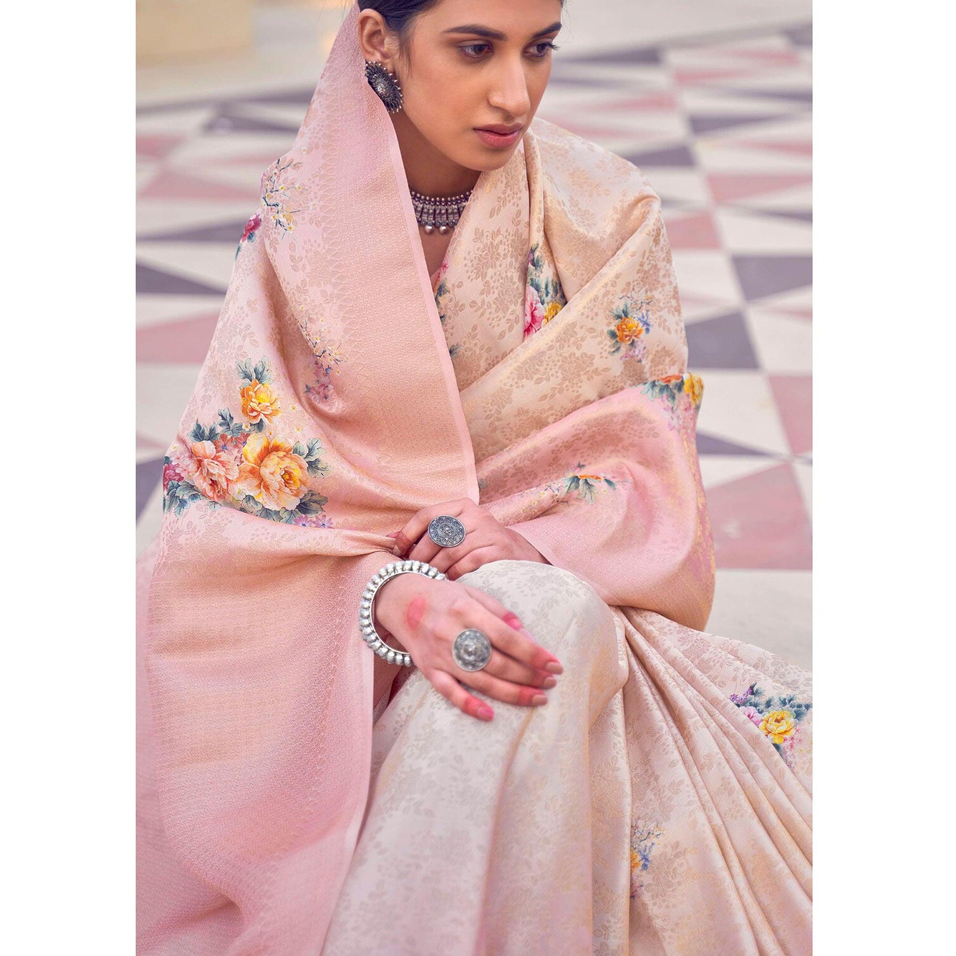 Cream Festive Wear Floral Digital Printed Jacquard Saree