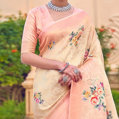 Cream Festive Wear Floral Digital Printed Jacquard Saree