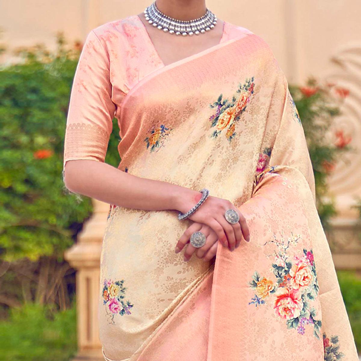 Cream Festive Wear Floral Digital Printed Jacquard Saree