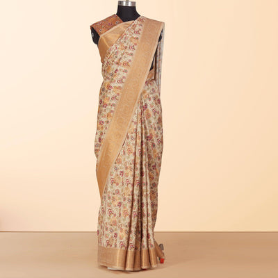 Cream Festive Wear Floral Digital Printed Woven Silk Saree