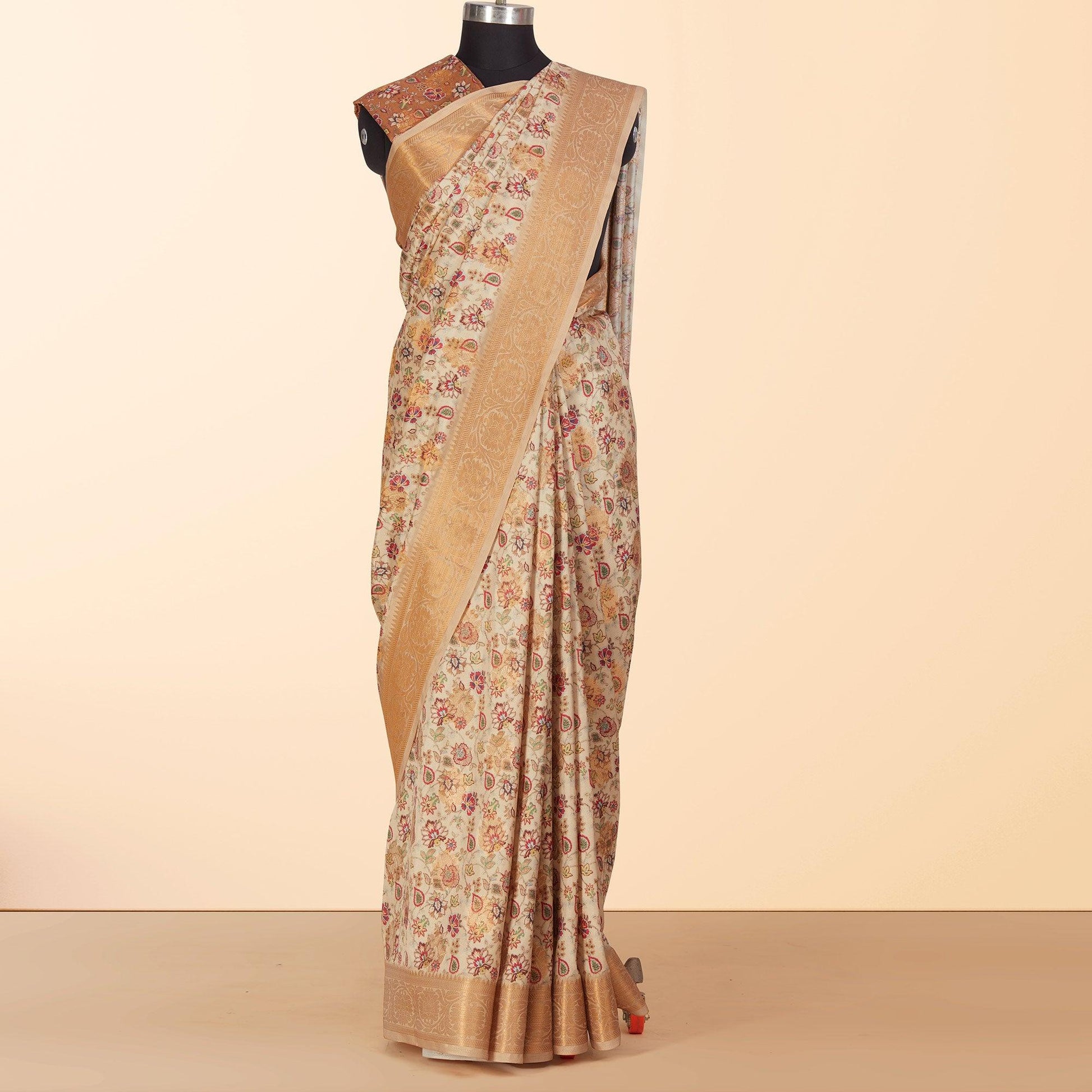 Cream Festive Wear Floral Digital Printed Woven Silk Saree